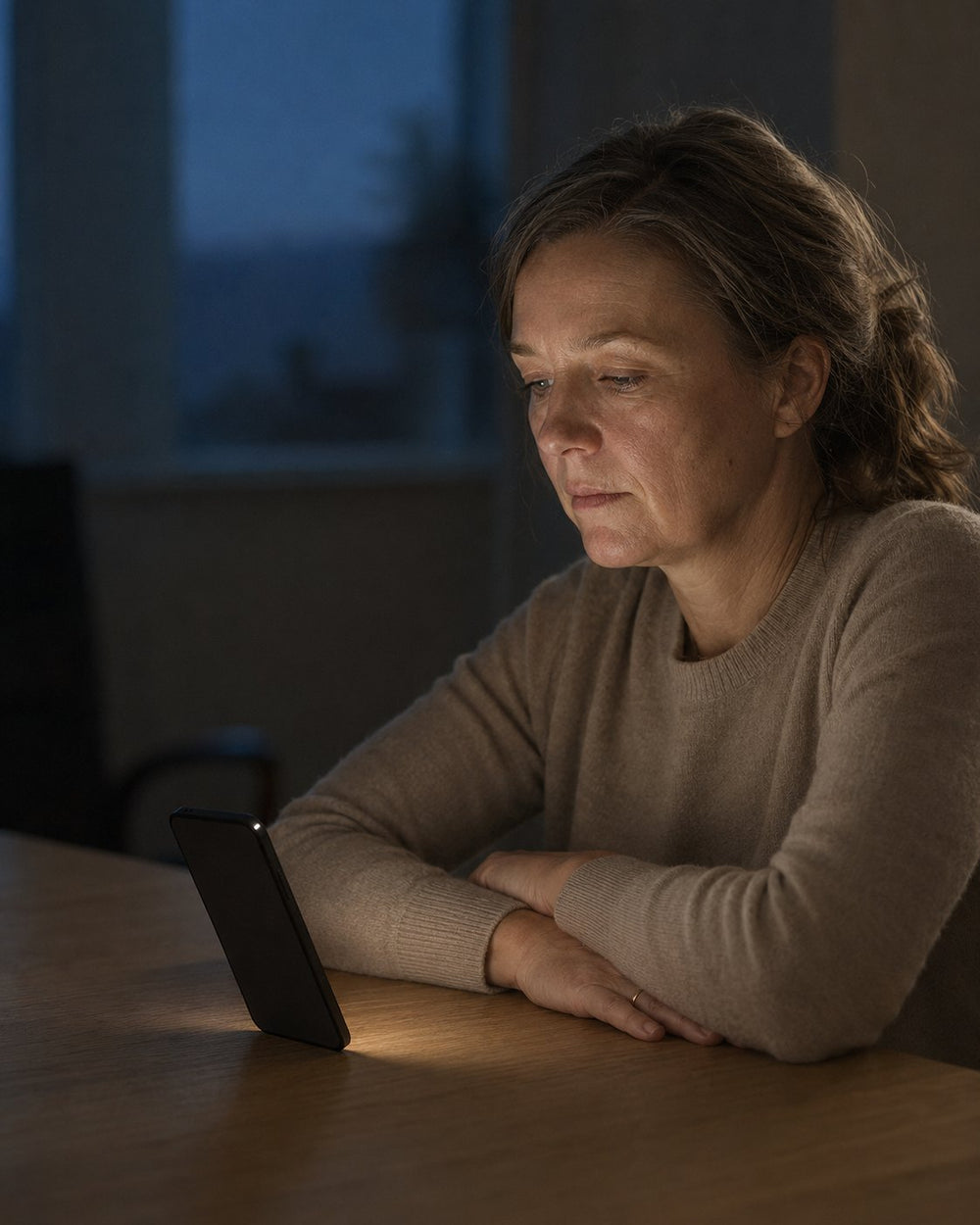 Eine Frau liest abends am Handy ihren Verlauf, warmes Licht im Raum.