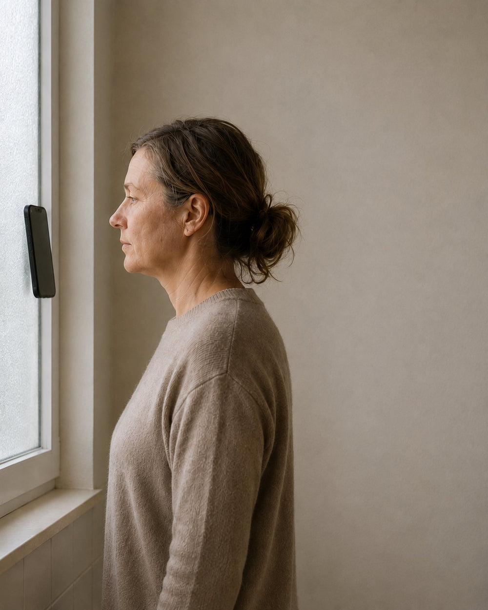 Dieselbe Frau in derselben Haltung am Fenster wie bei der ersten Aufnahme.
