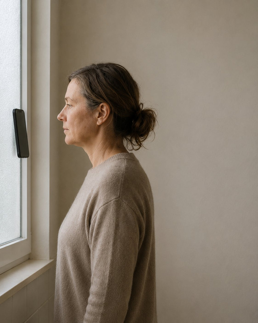 Eine Frau um die fünfzig steht im Profil am Fenster, das Handy lehnt am Rahmen und ist auf sie gerichtet.