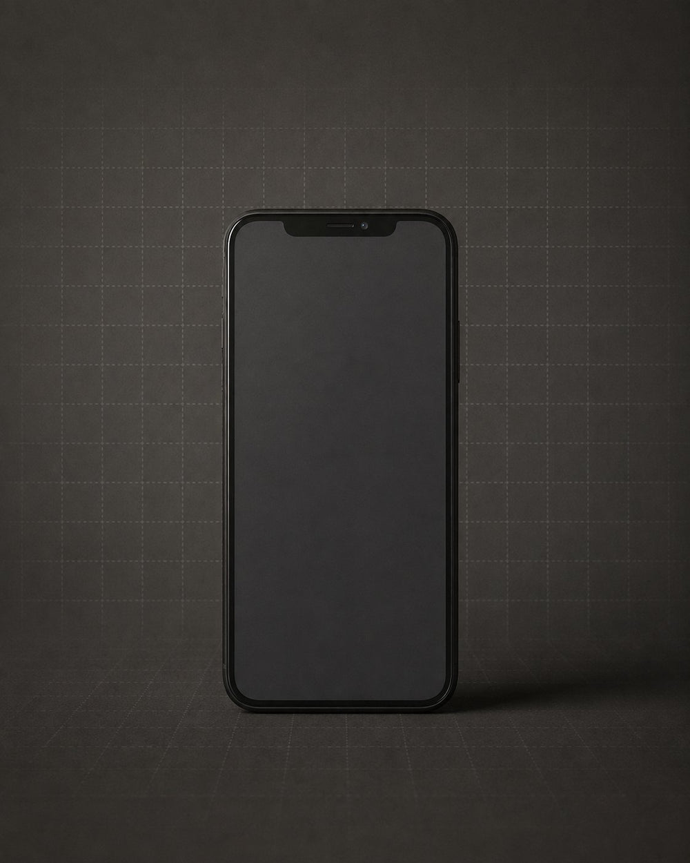Ein Handy steht aufrecht vor dunklem Grund, auf dem Display ein feines Lichtraster.