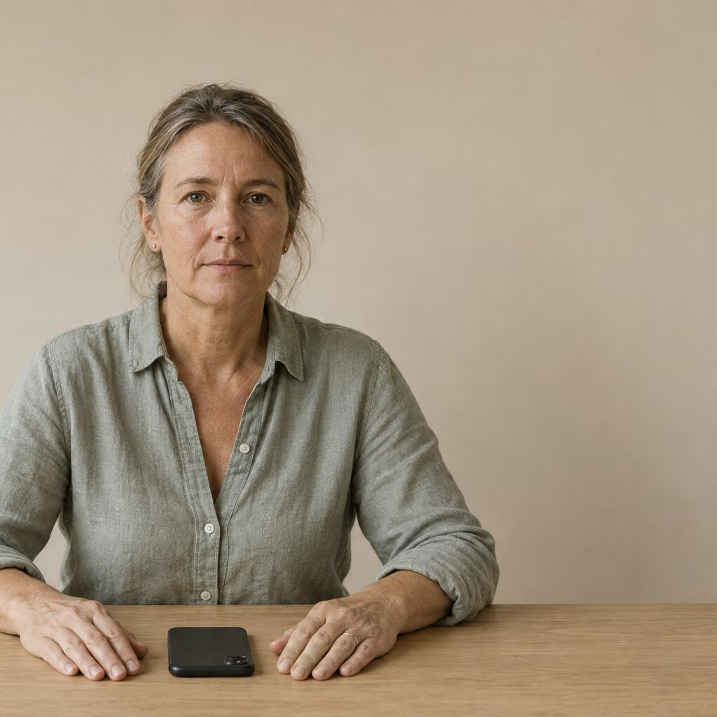 Eine Frau am Tisch, die Hände flach daneben, das Telefon liegt umgedreht zwischen ihnen