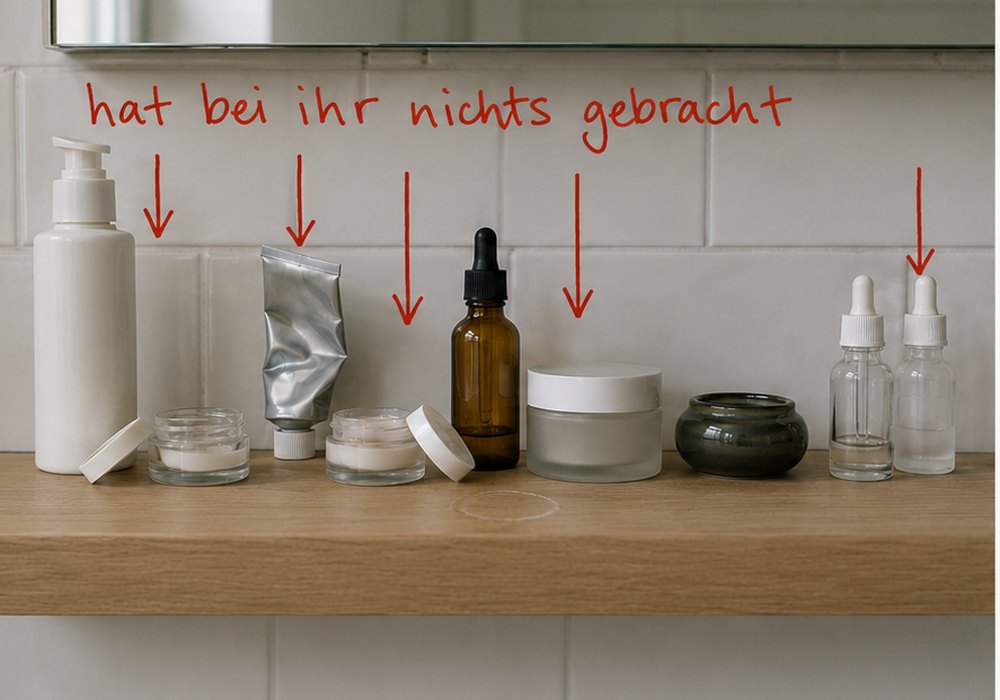 Ein Badezimmerregal voller angebrochener Produkte, fünf davon rot markiert